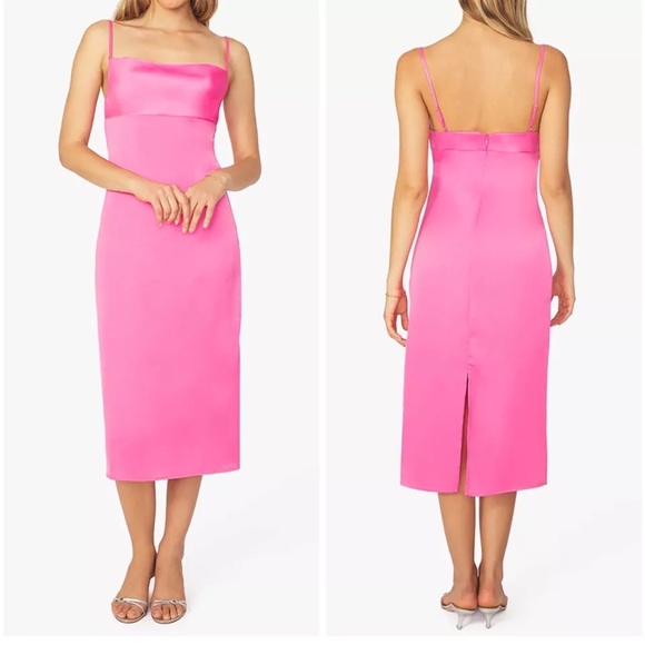 WEWOREWHAT Cowl MIDI Satin Charmeuse Zat Hot Pink Sexy Party Dress, Has Flaws - Picture 2 of 12